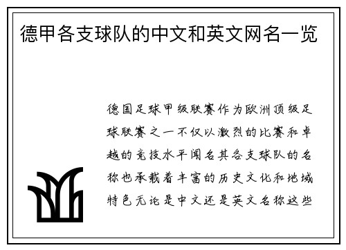 德甲各支球队的中文和英文网名一览
