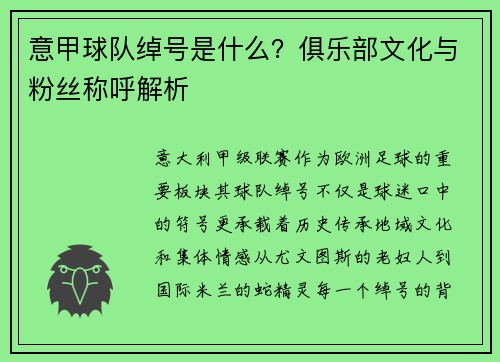 意甲球队绰号是什么？俱乐部文化与粉丝称呼解析